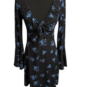 Topshop Boho Floral Mini Dress Bell Sleeve Cottagecore Black Blue Knit Size S